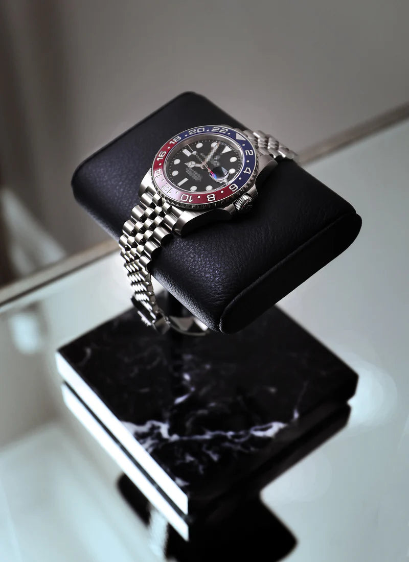 Elegance Watch Stand - Single (Black Marble, Black Metal & Black Leather)