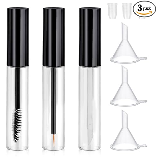 3Pcs 10ML Empty Mascara Tube, Eyeliner Tube and Lip Gloss Tubes, Lip Gloss Tubes with Wand, Eyeliner Tube with Rubber Inserts and Funnels, Airless Pump Bottles Travel Foundation Container