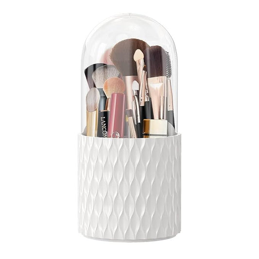 5 Slot Makeup Brush Holder | 360° Rotating Cosmetic Display Case Organizer Dustproof Brushes Storage Cases With Lid For Women Girls (White cosmetics)