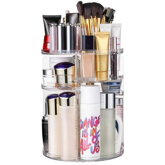 Cosmetic Makeup Organizer for Women, Bride & Girls - 360 Rotating Storage Organiser Box - Dressing table Vanity Case Holder for Lipsticks, Skincare Kit & Brushes Set - Transparent