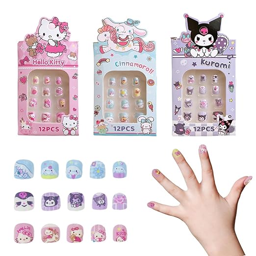 36Pcs Kawaii Girls Press On Nail Set Cute Sanrio Kuromi Kids Press On Nails Cinnamoroll Press-On Nails DIY Nail Art Pre-glue Girls Kawaii Press On Nails