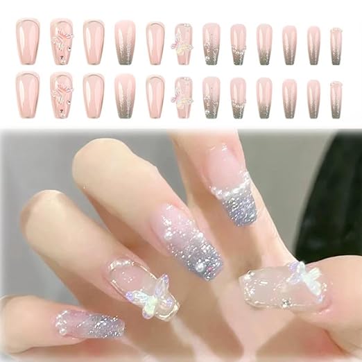 Press on Nails Kit, Gradient Press on Nails Square Coffin, Glue on with Nail in 12 Sizes, 24PCS Fake Nails Kit, French Tip Stick on Nails for Women