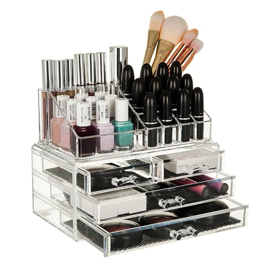 4 Drawer Plastic Cosmetic Makeup Jewelry Lipstick Storage Organizer Box Case, 22.5L x 13.8B x 18H cm, Transparent