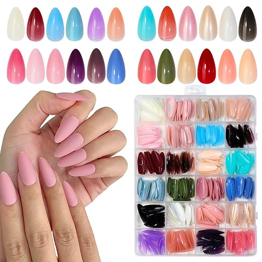 24 Color Press on Nails Sets, False Nails Artificial Fake Nails Coffin Press on Nails Solid Color Glossy Fake Nails Full Cover False Nails Tips for Women Girls DIY Nail, Style B (No glue)