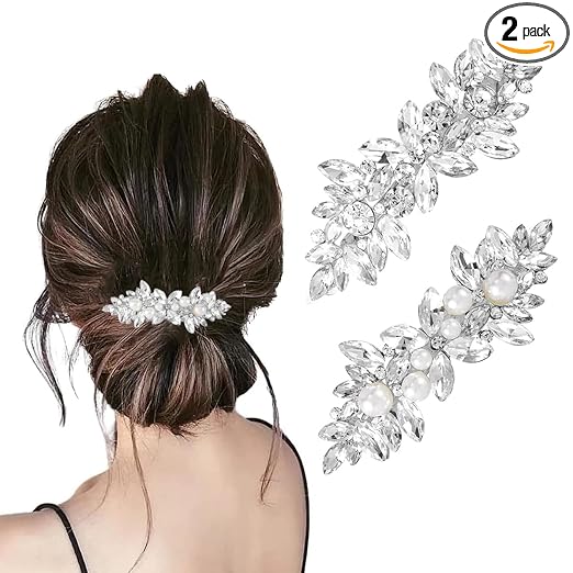 2Pcs Rhinestone Hair Clips for Women Stylish Latest Crystal Pearl Hair Barrettes, Silver French Hairpin Flower Hair Clip Bridal Hair Accessories for Daily, Party, Wedding