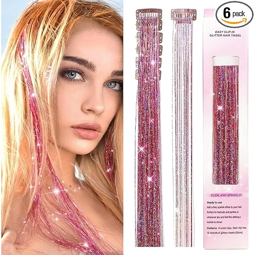 6pcs Hair Tinsel Clip-in Glitter Hair Extensions for Women, 20.5in Pink Shiny Tinsel Strands, Heat Resistant Fairy Sparkle Hair Accessories for Girls Kids Festival Cosplay Party Gift