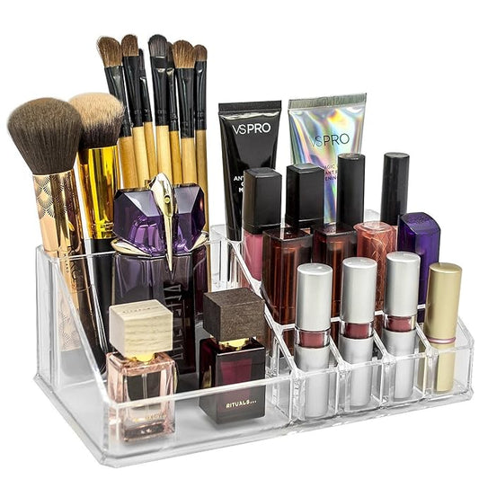 Plastic 16 Compartment Cosmetic Display Cases Makeup Lipstick Storage Organizer Holder Box Case,Transparent (22L x 12.2W x 7.5H)