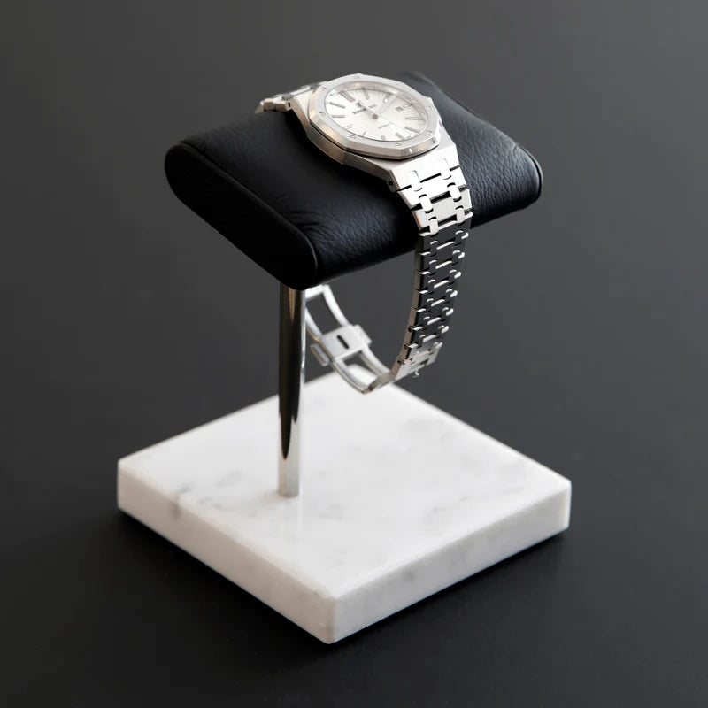 Elegance Watch Stand - Single (White Marble, Silver Metal & Black Leather)