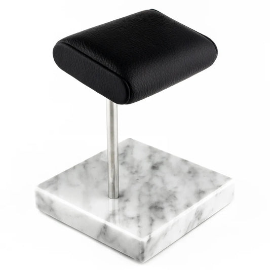 Elegance Watch Stand - Single (White Marble, Silver Metal & Black Leather)