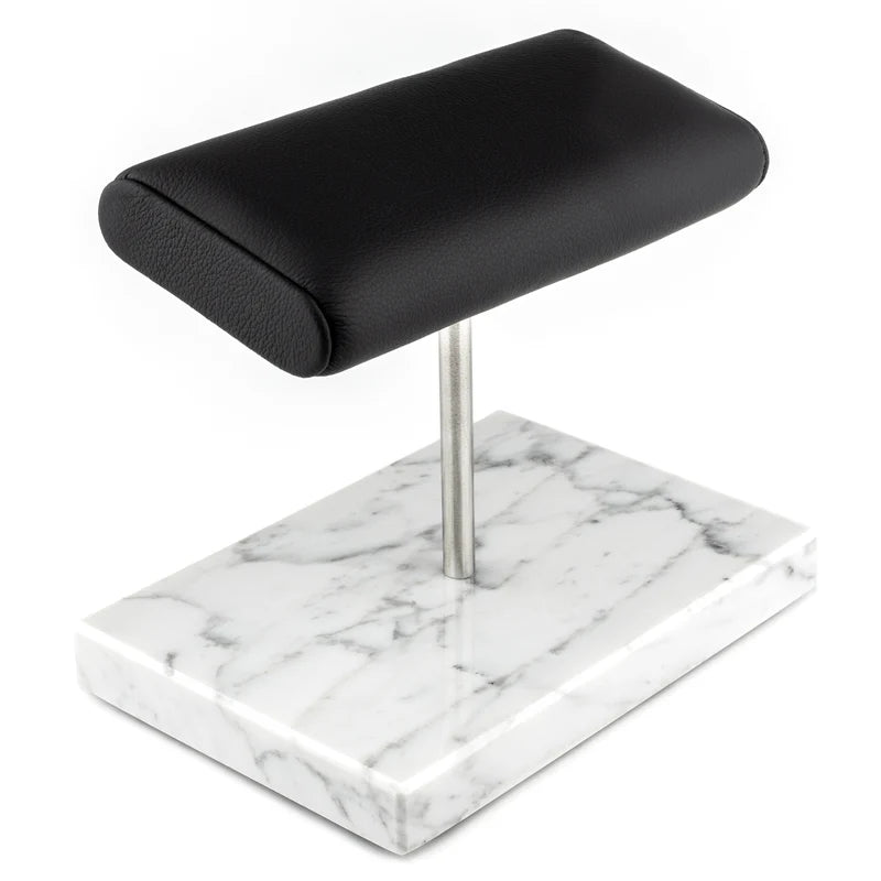 Elegance Watch Stand - Double (White Marble, Silver Metal & Black Leather)