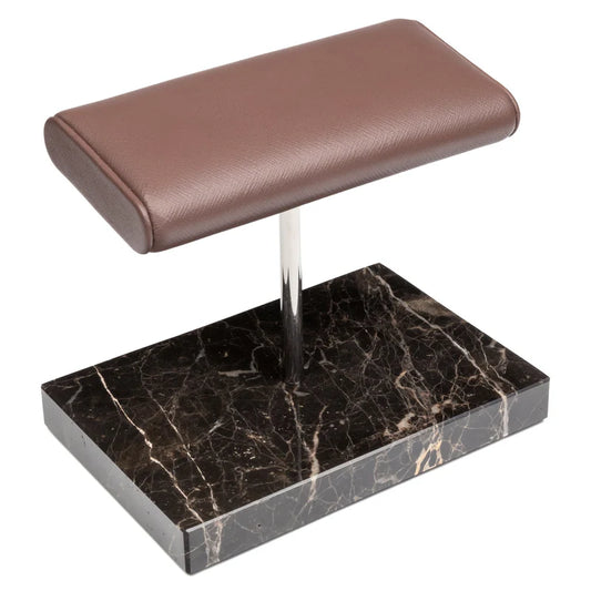 Elegance Watch Stand - Double (Brown Marble, Silver Metal & Saffiano Brown Leather)