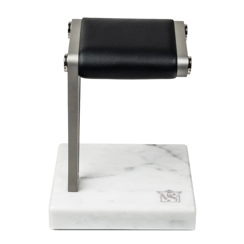 Elegance Watch Stand (V)- Single (White Marble, Silver Metal & Black Leather)