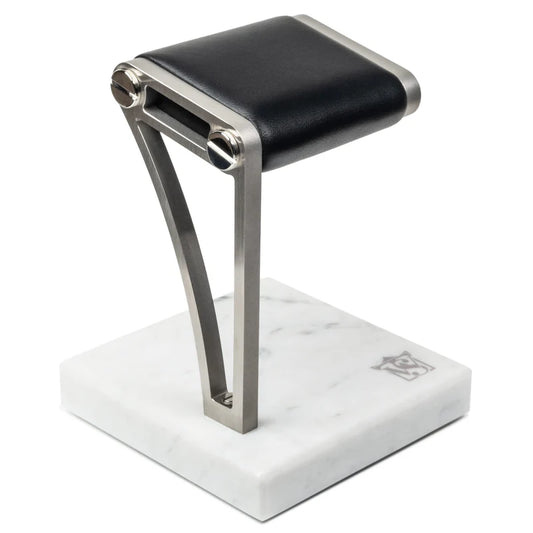 Elegance Watch Stand (V)- Single (White Marble, Silver Metal & Black Leather)