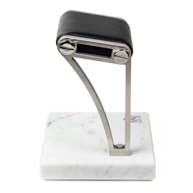 Elegance Watch Stand (V)- Single (White Marble, Silver Metal & Black Leather)