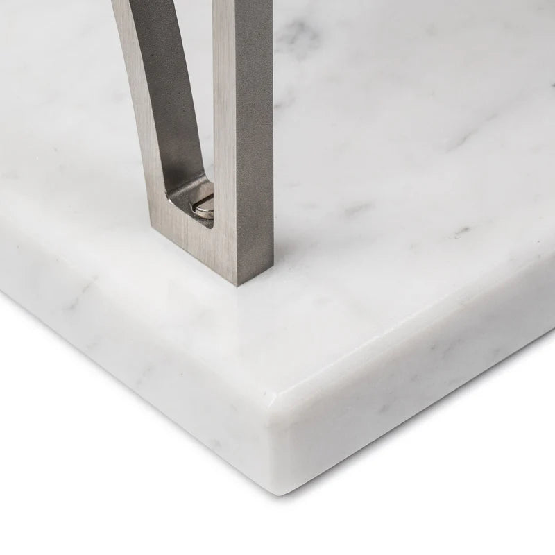 Elegance Watch Stand (V)- Single (White Marble, Silver Metal & Black Leather)